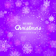White snowflakes on purple background.  Merry Christmas Greetings card