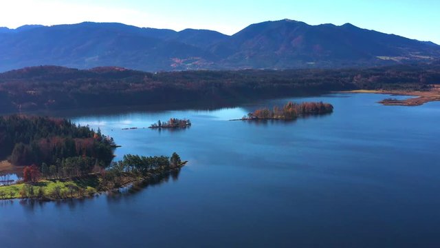 Aerial view, Flight over Staffelsee with islands, Bavaria, Germany