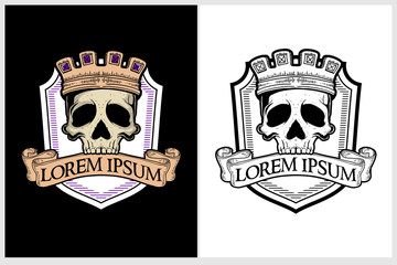 vintage or Old School Classic style king skull with crown vector badge crest logo template