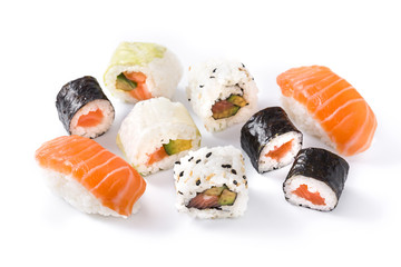 sushi assortment on black tray isolated on white background