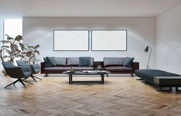Modern bright interiors with mock up poster frame illustration 3D rendering computer generated image