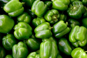 Fototapeta na wymiar Indian Green Peppers, freshly harvested raw bell peppers, farmers market in Rajasthan, India