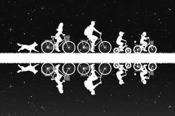 Fototapeta na wymiar Family on bikes in park at night. Active rest of parents with children. Vector illustration with silhouettes of cyclists and running dog under starry sky. Inverted black and white