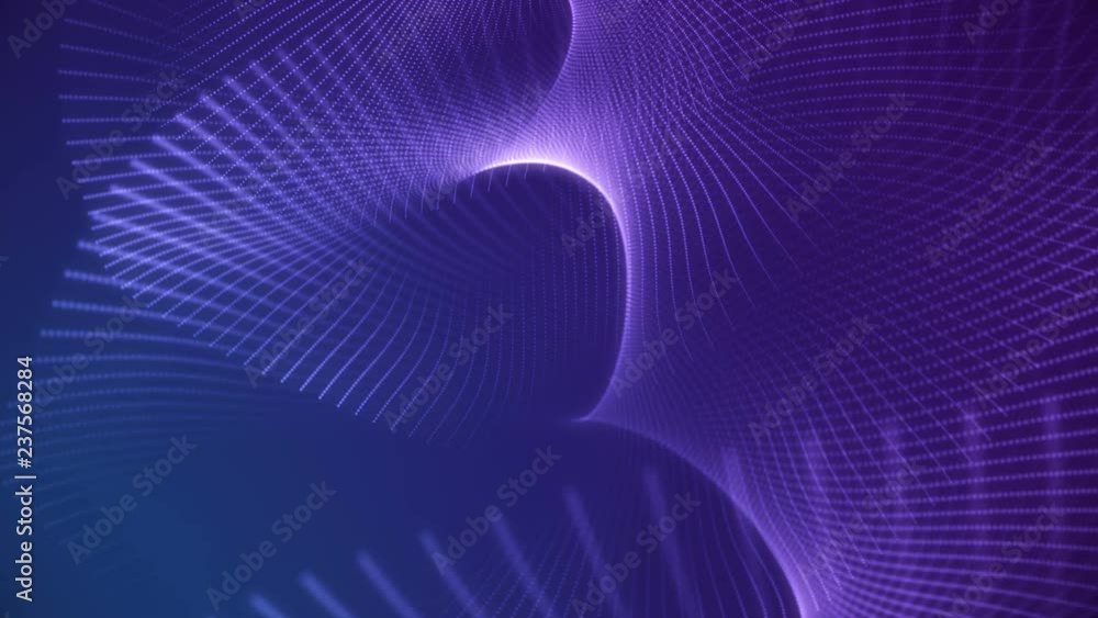 Poster abstract loopable blue and violet cg motion waving dots texture with glowing defocused particles. ne