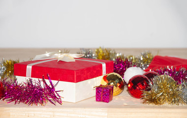 christmas gifts and decorations on white background