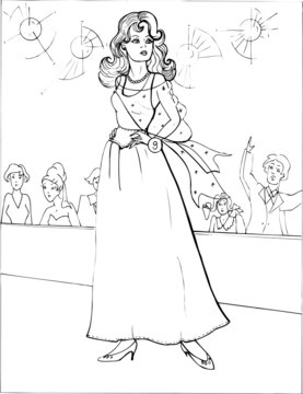 Fashion parade. Coloring the Beautiful Princess. Vector illustration. Coloring  book, lady, girl 25