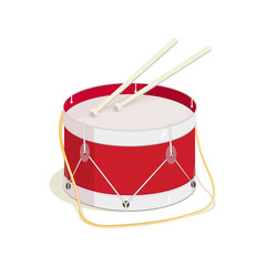 Drum, a musical instrument from the drum family, with drum sticks. Flat design.