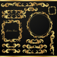 Set of decorative gold elements and frames in vintage style on a black background
