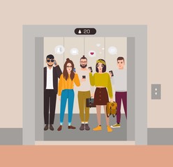 Young people dressed in trendy clothes standing in elevator with open doors and using smartphones. Group of various men and women waiting inside lift stopped on floor of building. Vector illustration. © Good Studio