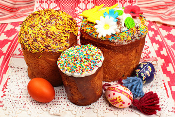 Happy Easter cakes and painted eggs with words Christ has risen in Russian