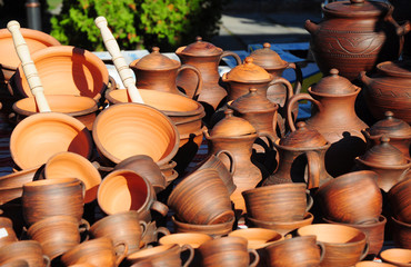 Traditional clay dish. Showcase of handmade ceramic pottery.
