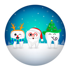 Set of Christmas tooth characters. Emoticons facial expressions. Funny dental care concept. Illustration isolated on blue background.