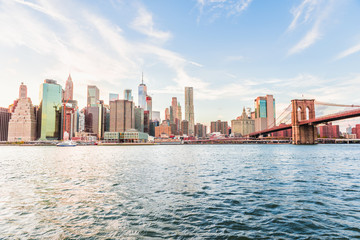 Outdooors view on NYC New York City Brooklyn Bridge Park by east river, cityscape skyline at...
