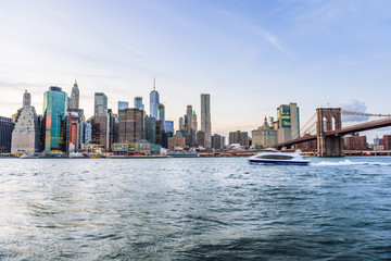 Outdooors view on NYC New York City Brooklyn Bridge Park by east river, cityscape skyline at...