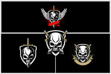 skull head with sword and shield vector crest logo template collection