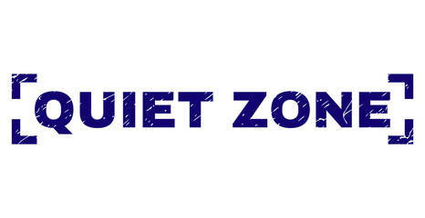 QUIET ZONE text seal print with distress texture. Text title is placed inside corners. Blue vector rubber print of QUIET ZONE with dust texture.