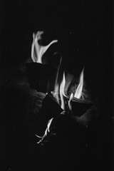Beautiful flames of fire in night on film. Minimalist evening campfire in darkness. Atmospheric...
