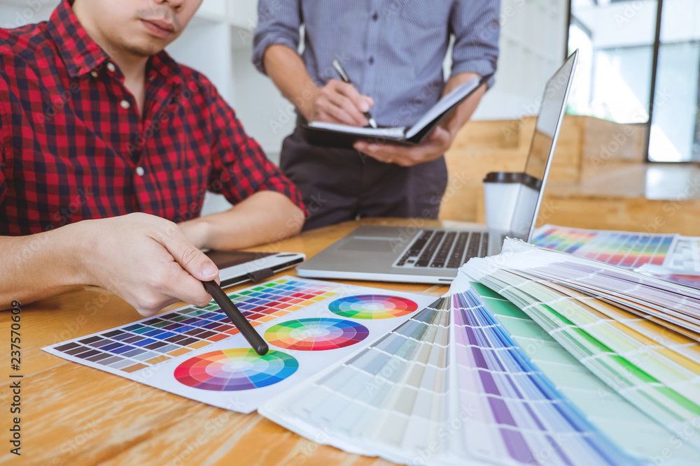 Poster team of creative graphic designer meeting working on new project, choose selection color and drawing