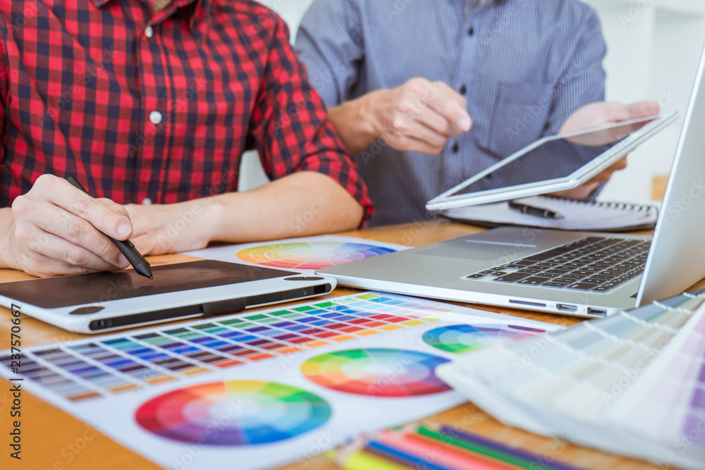 Poster team of creative graphic designer meeting working on new project, choose selection color and drawing