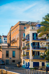 Naklejka premium Spanish Beach Resort in Barcelona, Spain. Sitges area is known as a beach resort town.