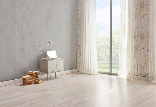 New style room, grey stone wall, curtain and forest view. Book tablet and lamp. © UnitedPhotoStudio