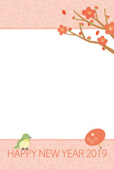 2019年　かわいい梅、うぐいす年賀状フォトフレーム　ベクター素材