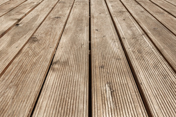 Brown plank wooden floor texture perspective background, top view, copy space - 237572636
