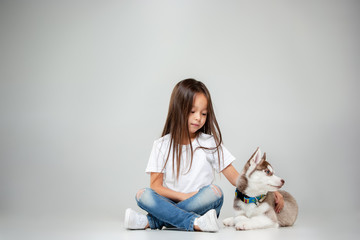 Fototapeta na wymiar Portrait of a joyful little girl having fun with siberian husky puppy on the floor at studio. The animal, friendship, love, pet, childhood, happiness, dog, lifestyle concept
