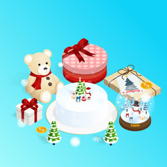 merry christmas and happy new year,isometric cake snow globe  gift boxes vector
