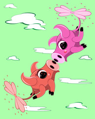 Two flying funny pigs