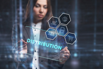 The concept of business, technology, the Internet and the network. A young entrepreneur working on a virtual screen of the future and sees the inscription: Distribution