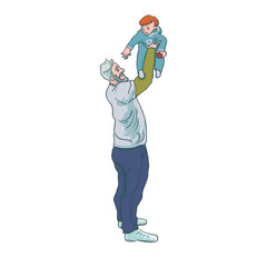 Bearded man holding a baby. Family time vector illustration, concept of happy parenting and childhood - 237575030