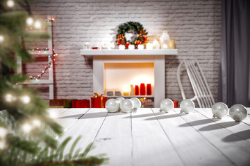 Table background with free space and fireplace decoration 