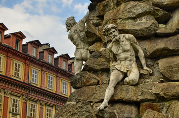 Turin, Piedmont region. Italy, September 2018. Piazza statuto, details of the monument dedicated to...