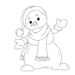 Snowman coloring book. Cute cartoon character snowman for children's creativity. Snowman in a scarf. Vector isolated on white background.