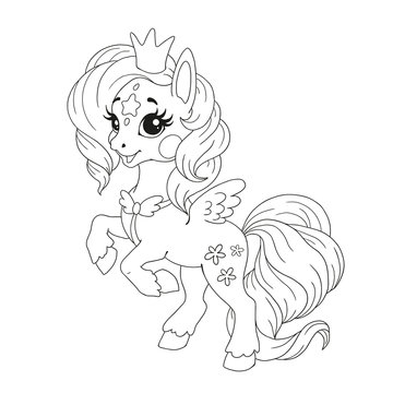 Cute cartoon character for coloring book. Pony unicorn doodle. Element for children's creativity. Fabulous vector unicorn on a white background.