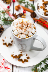 Christmas and New Year Background with Hot Cocoa with Marshmallows. Selective focus.