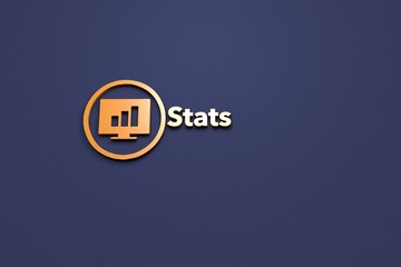 3D illustration of Stats, oange color and oange text with blue background.