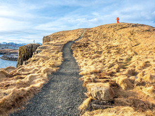 Stykkisholmur lighthouse on hill in Iceland