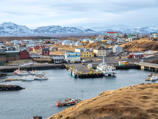 Fototapeta na wymiar Stykkisholmur harbor with ships, Iceland