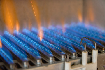 Gas burning in a heating appliance. A stainless steel burner heats a copper heat exchanger.