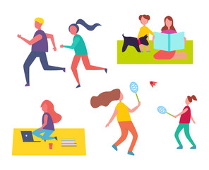 People Jogging Playing Games Vector Illustration