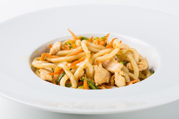Asian noodles with chicken or pork and vegetables