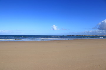 Fototapeta na wymiar brown sand, dark blue sea and clear sky