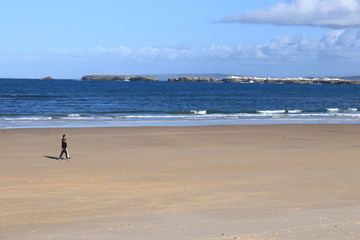 Fototapeta na wymiar Couple strolling on the beach sand