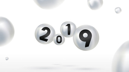 2019 Happy new year with color Christmas balls or abstract balls or bubbles.3d sign copy space. Festive poster or banner design. Party invitation