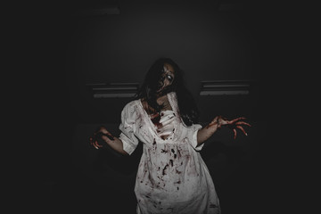 Portrait of asian woman make up ghost face with blood,Horror scene,Scary background,Halloween poster,Thailand people