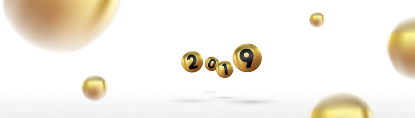 2019 Happy new year with color Christmas balls or abstract balls or bubbles.3d sign copy space. Festive poster or banner design. Party invitation