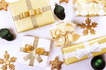 Christmas mood concept. Layout composition with traditional festive attributes, presents and other decorations. Winter holidays season. Background, copy space, close up, top view, flat lay.