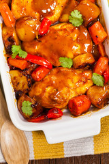 Valentines day background with Crochet Heart over wooden table. Selective focus.